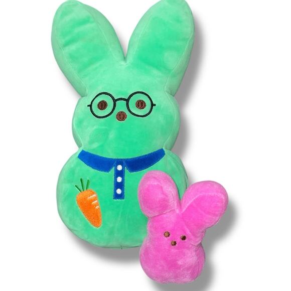 Peeps Plush Bunny Rabbit Easter Baby Nerd Carrot Green Orange Pink Lot of 2 12" - Picture 2 of 14